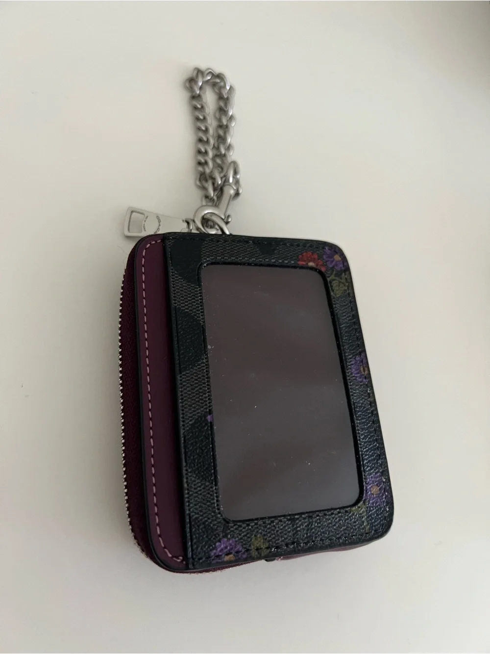 COACH Purple Floral Signature Zip Card Case with Chain